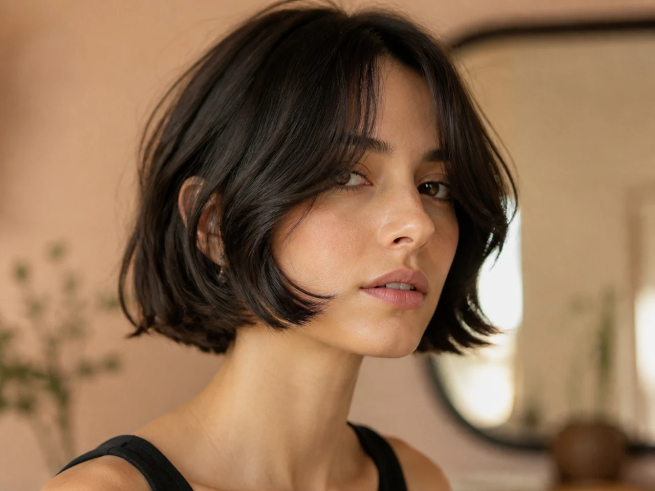 Jaw length curtain bangs framing the face