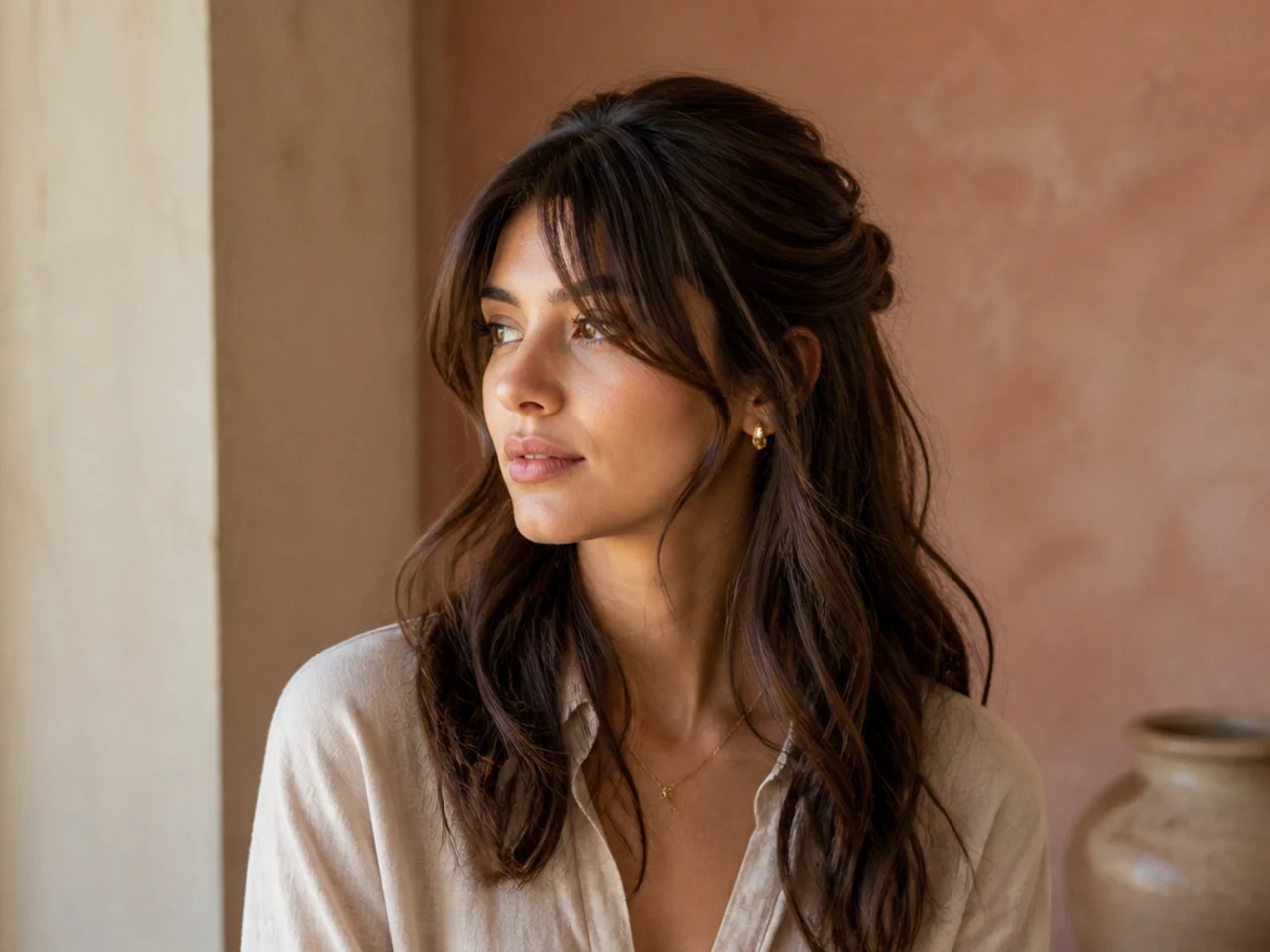 Curtain bangs worn with a half up style