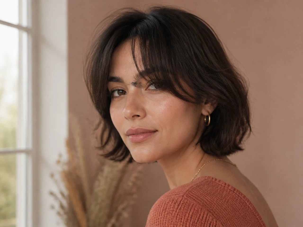 Curtain bangs grown out to jaw length
