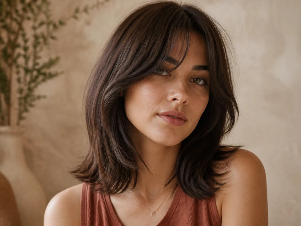 Curtain bangs on a collarbone length lob