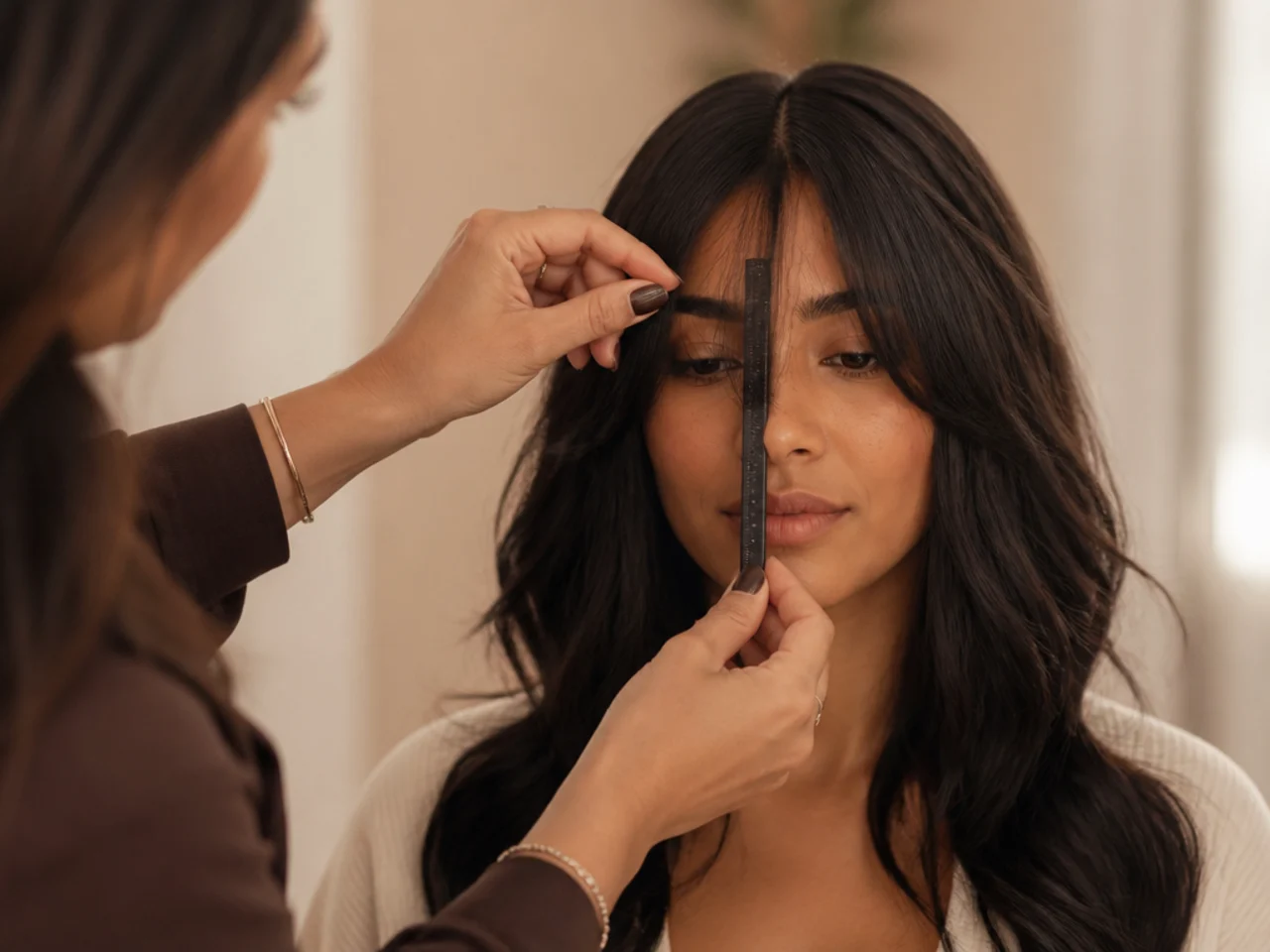 A stylist measuring the split point of curtain bangs