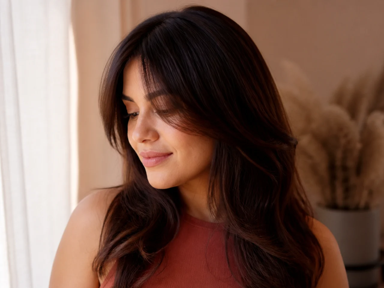 Diagonal lines of curtain bangs on a round face shape