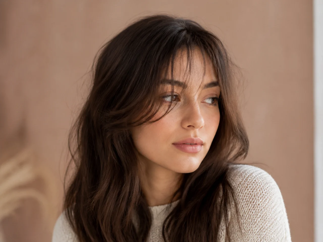 Fine wispy curtain bangs with visible skin showing through the ends