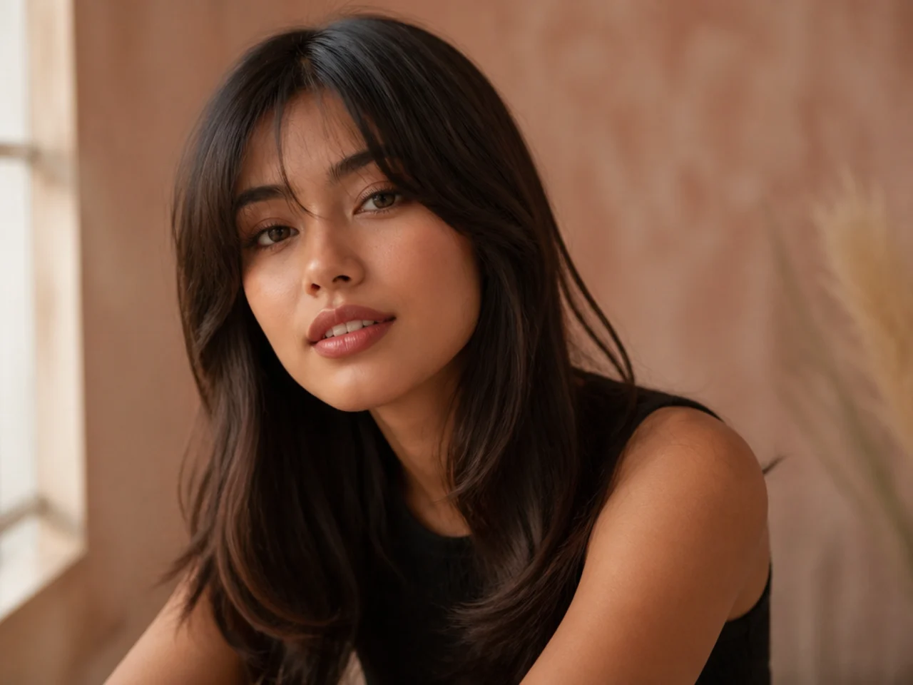 Fine haired curtain bangs cut with a solid edge to keep density at the ends