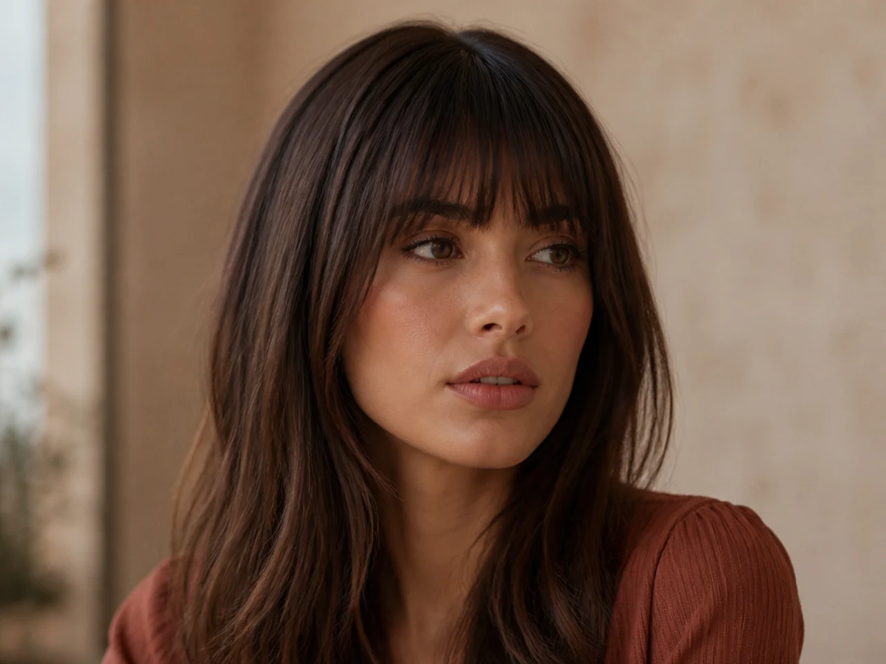 Thick curtain bangs taken from a shallow section and lying flat against the forehead