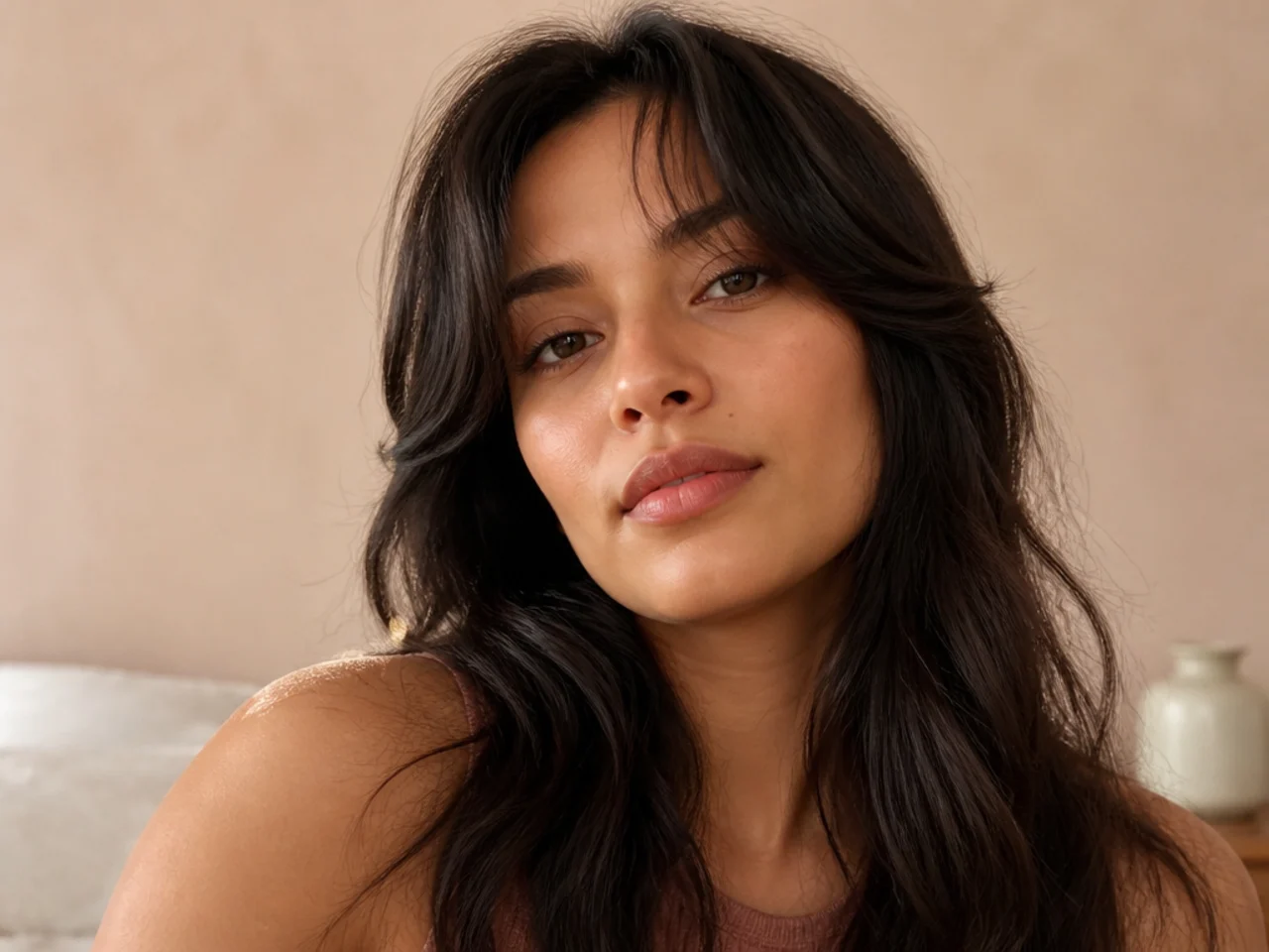 Wavy curtain bangs bending away from the face without heat styling