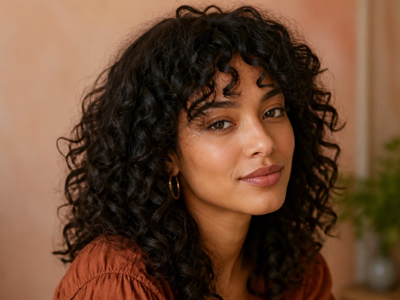 Dry cut curly curtain bangs springing away from the forehead in defined spirals