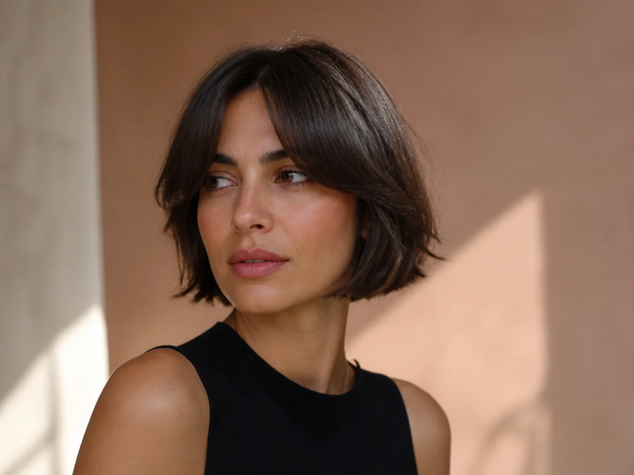 A jaw length french bob with parted curtain bangs grading into the sides