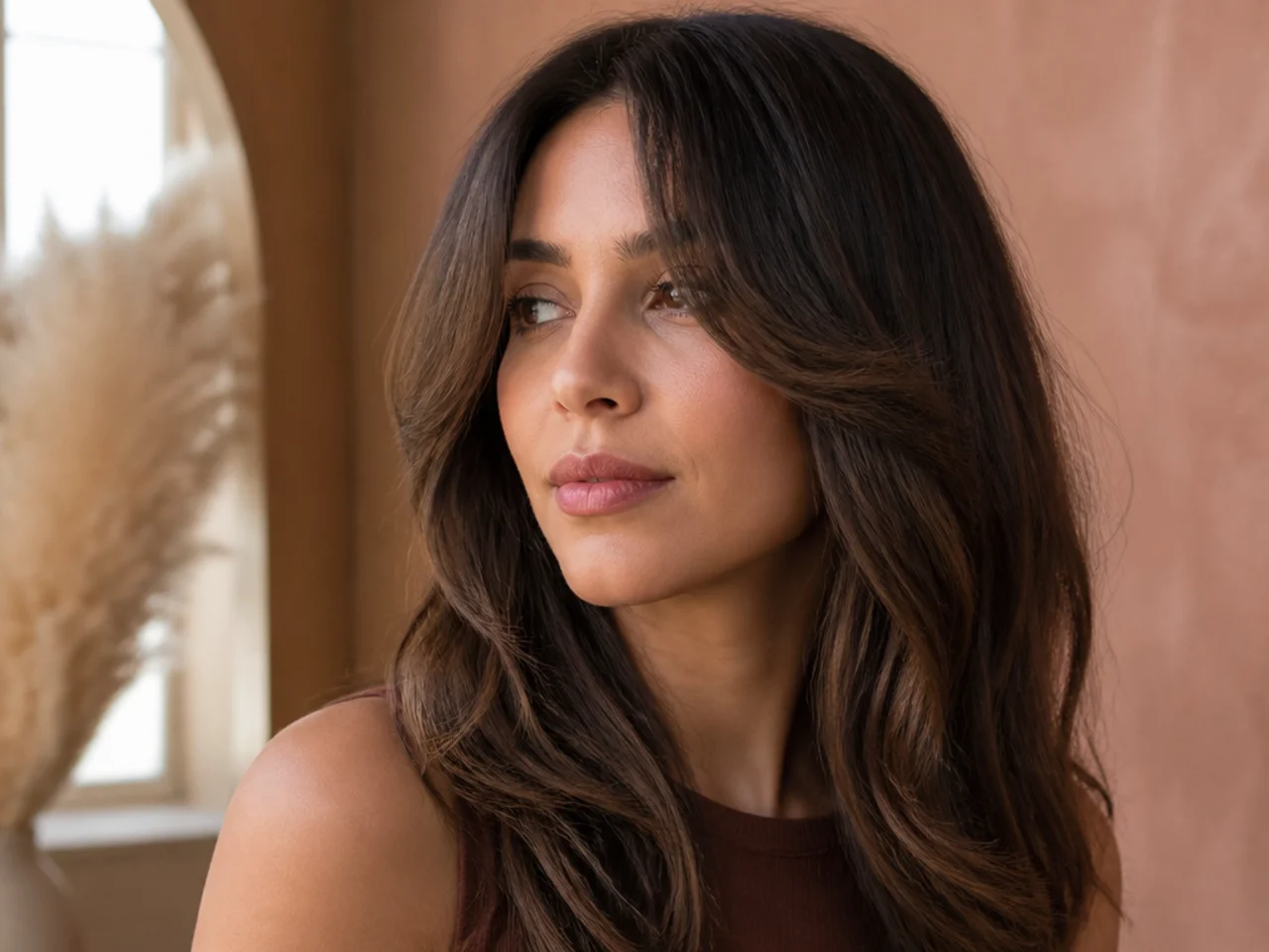 Grown out curtain bangs sitting at the jaw and merging with the face framing