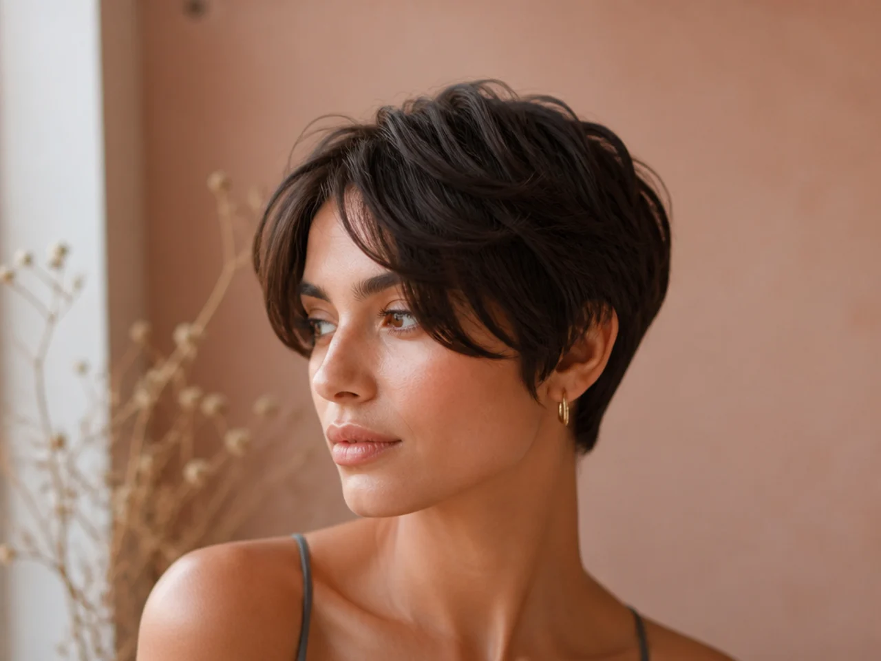 A short pixie cut with longer curtain bangs falling forward at the front