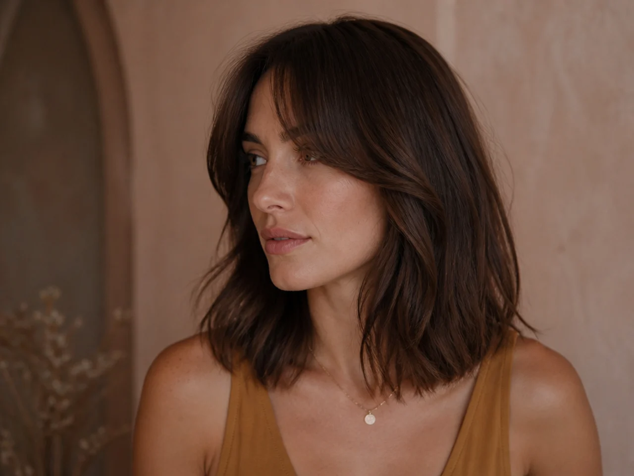 A shoulder length lob with curtain bangs blending into long face framing pieces