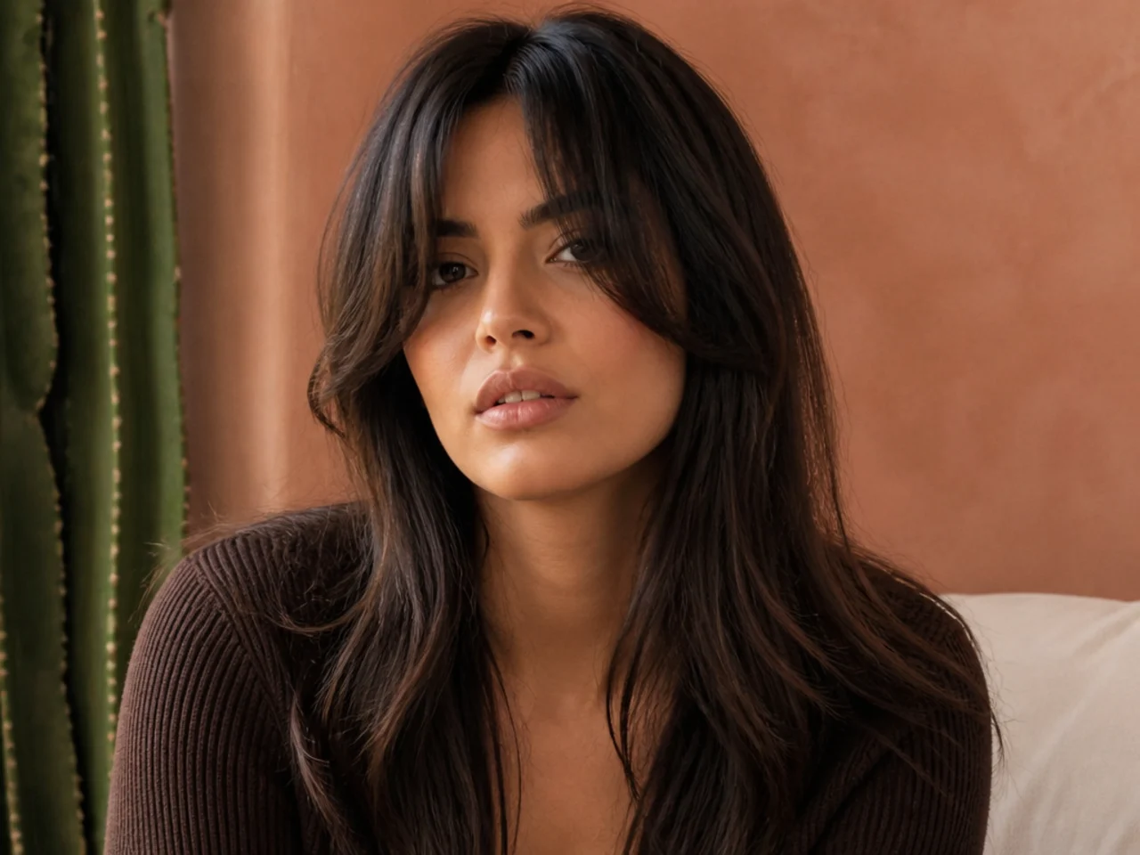 Curtain bangs ending at the cheekbones on either side of the face