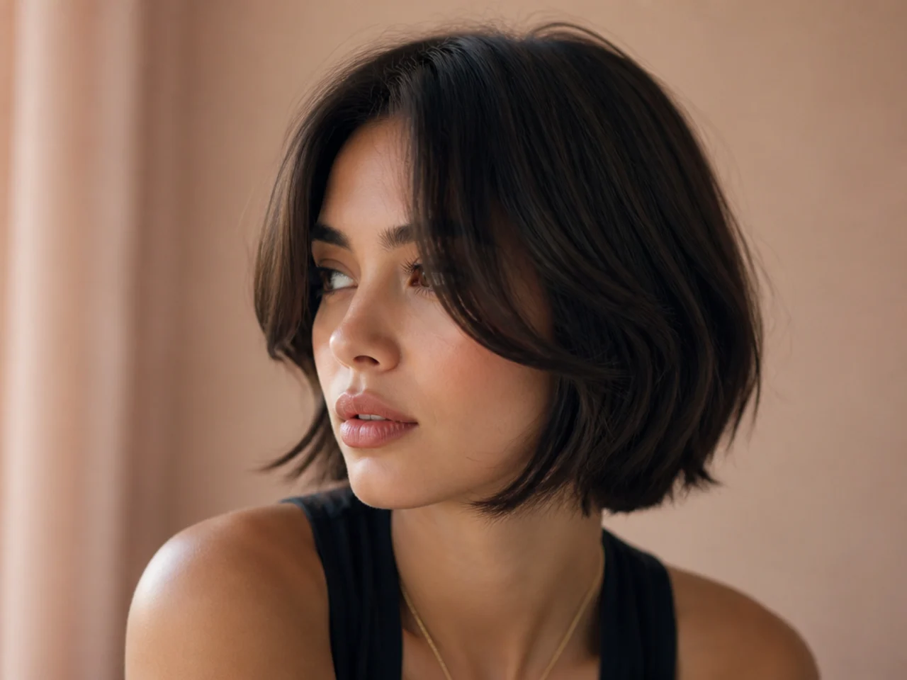 Long curtain bangs reaching the jawline on a short bob