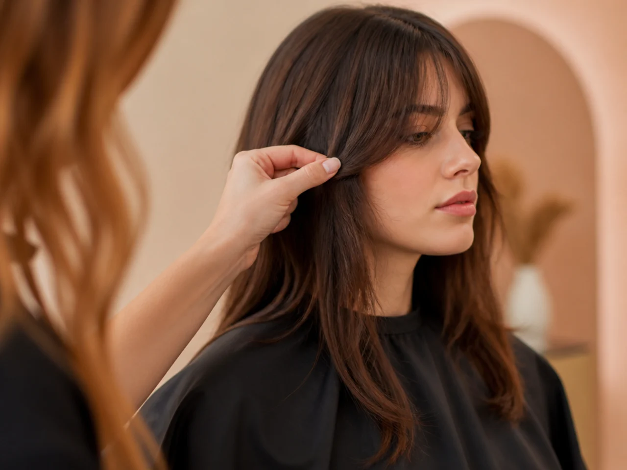 A stylist holding a dry fringe section against the cheekbone to check its length