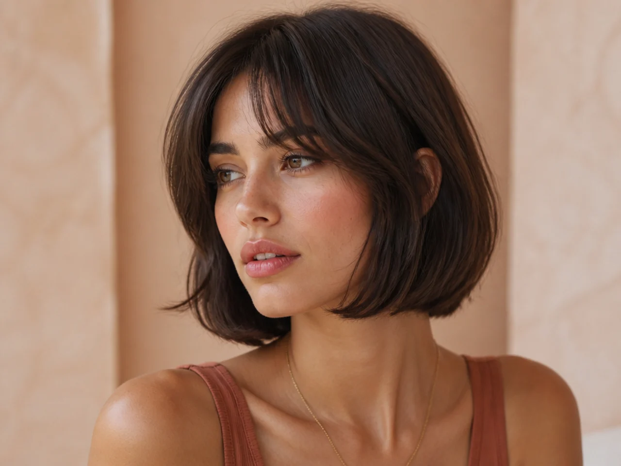 Three quarter view of short curtain bangs on a chin length bob