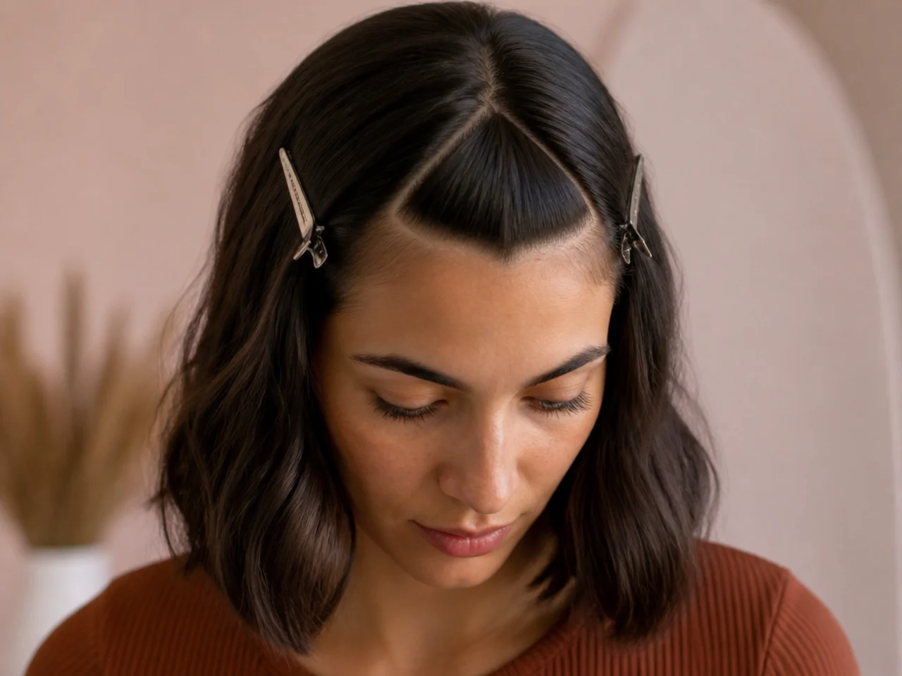 A triangular fringe section clipped out from the centre of the hairline to the temples