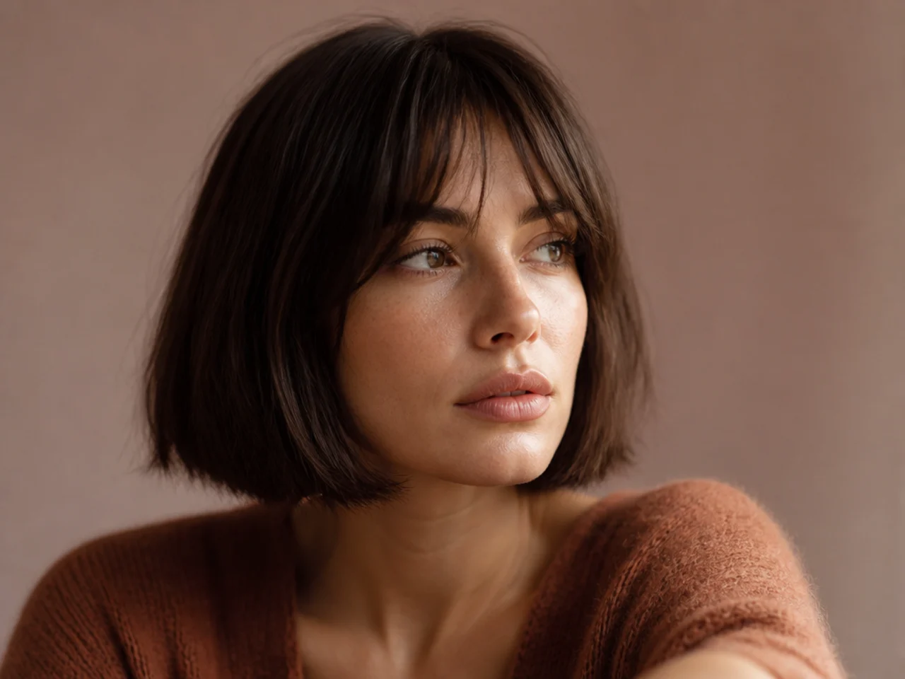 A blunt bob with short curtain bangs