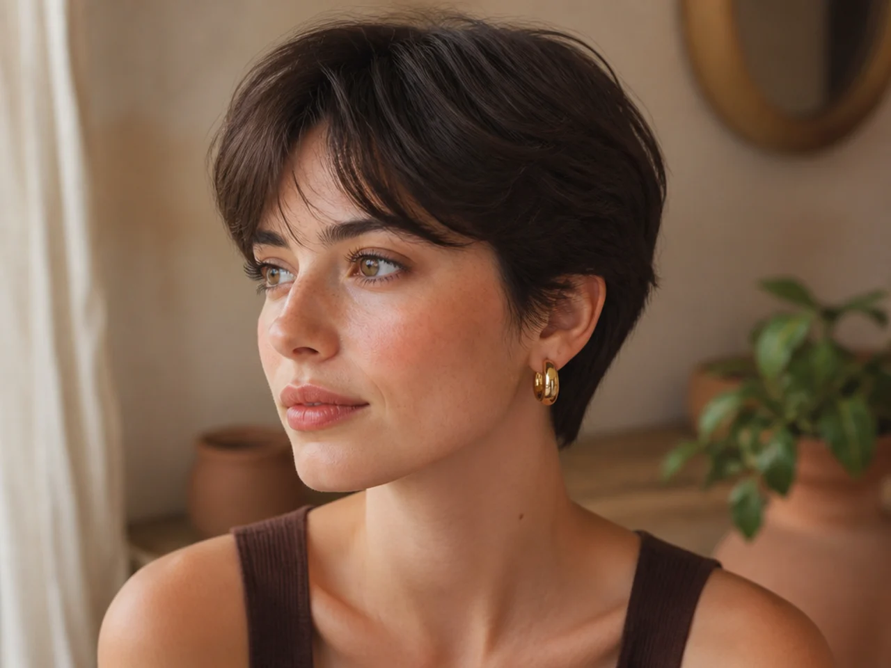 A pixie cut with short curtain bangs