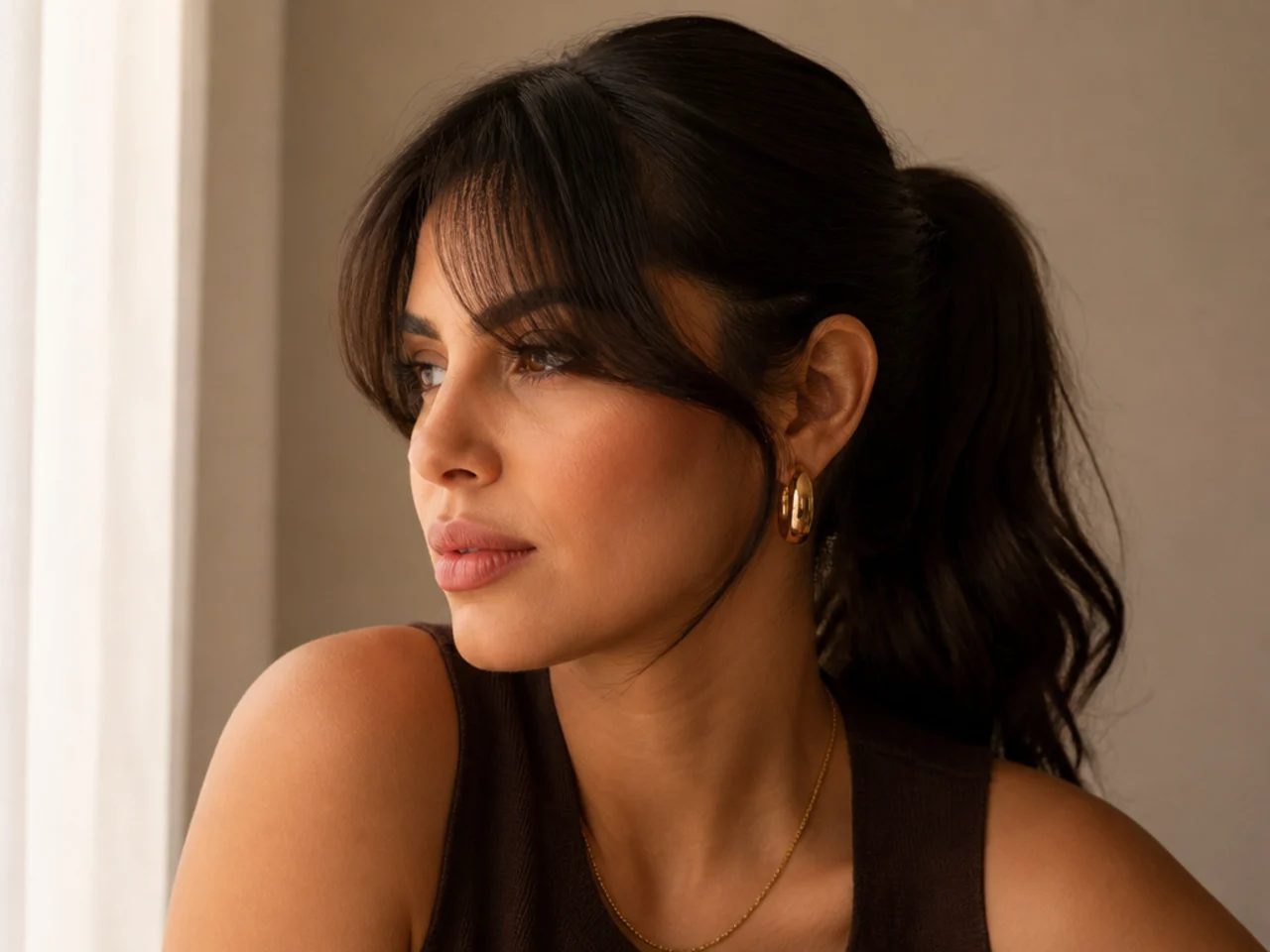 Curtain bangs worn with a sleek ponytail