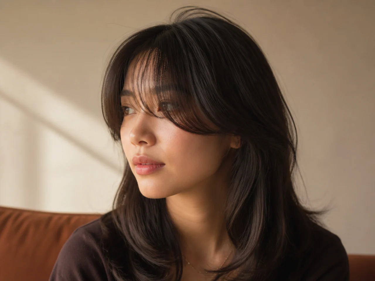 Curtain bangs cut to allow for a cowlick