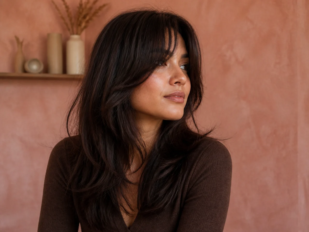 Curtain bangs blending into face framing layers