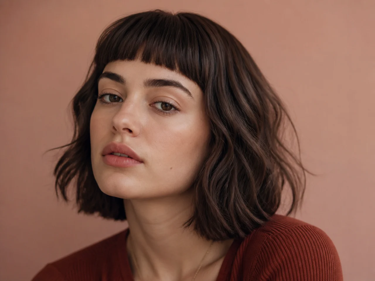 Very short curtain bangs cut above the brow