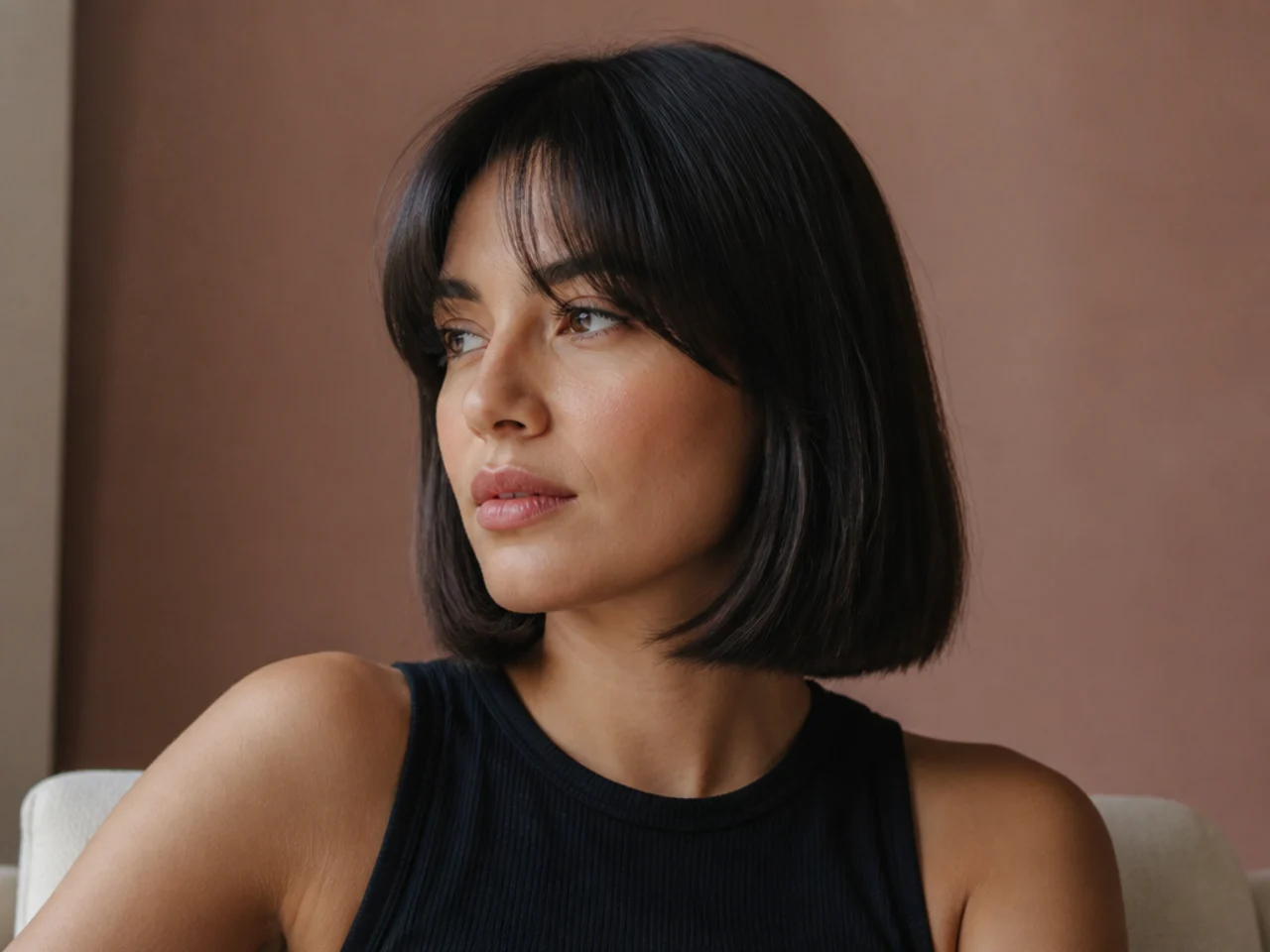 Short curtain bangs on thick straight hair