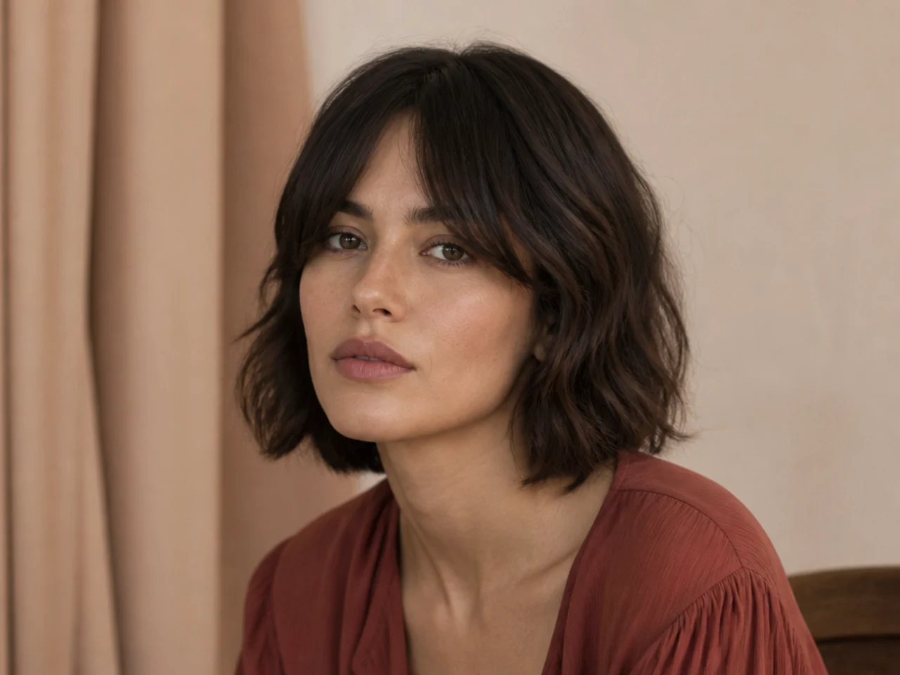 Curtain bangs grown out to jaw length