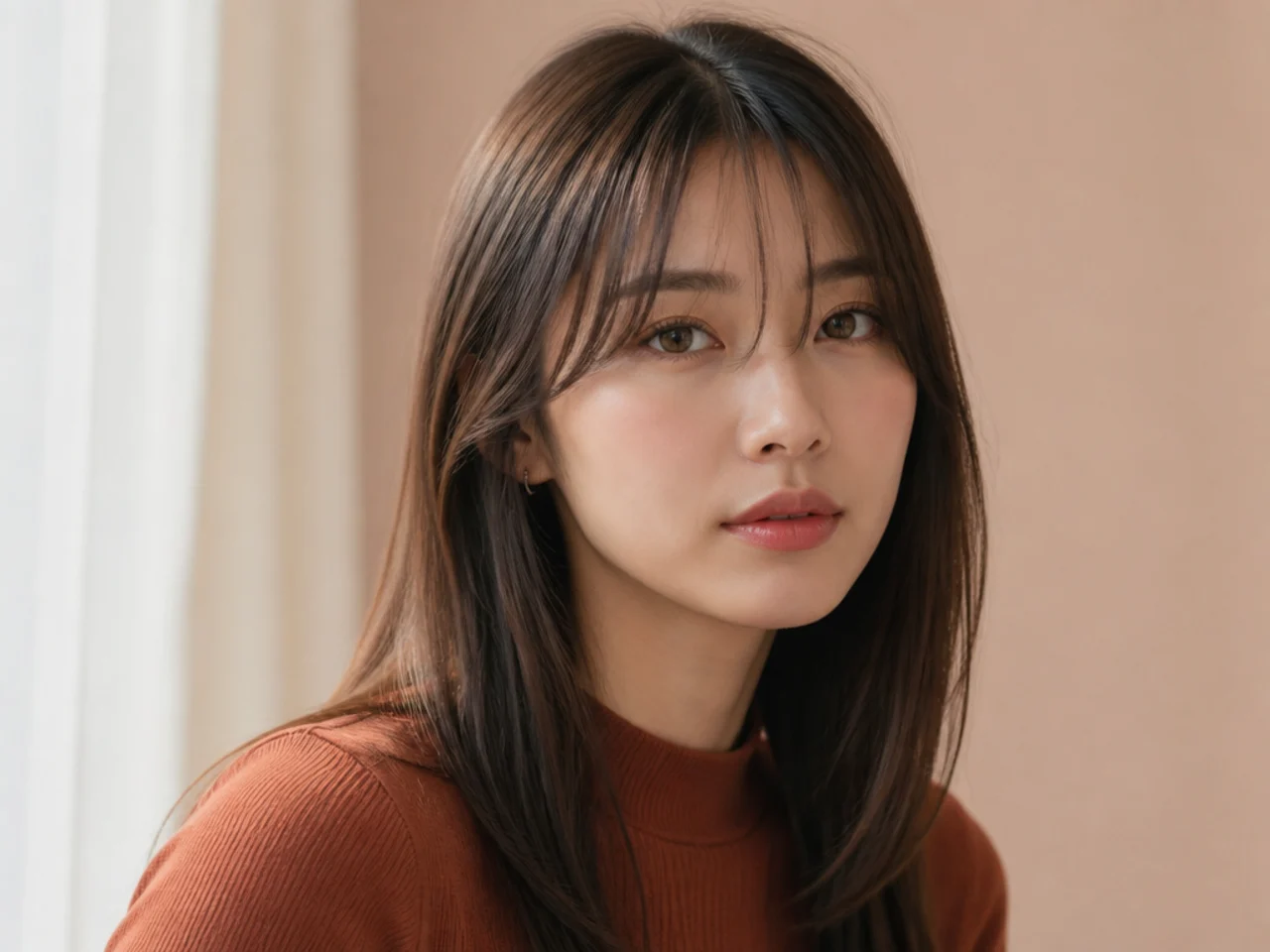 Fine wispy curtain bangs on straight hair
