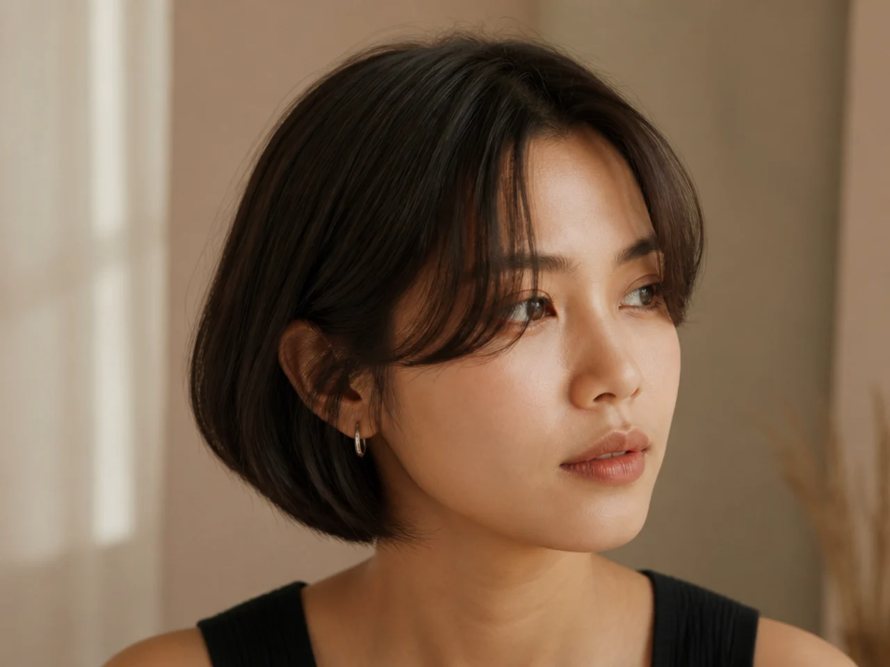 Three quarter view of short curtain bangs on straight hair