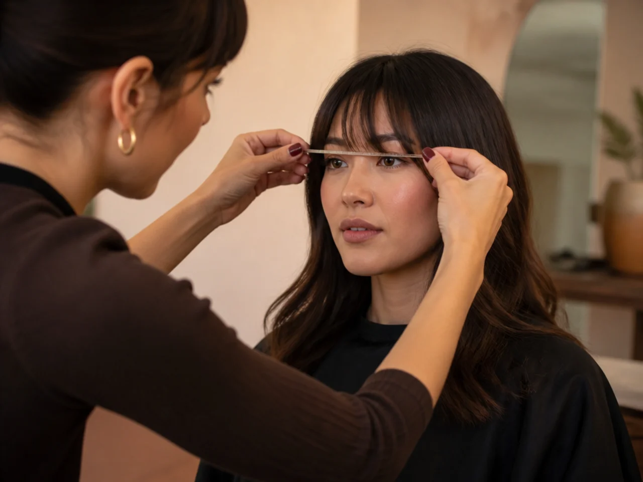 A stylist measuring fringe length against the brow