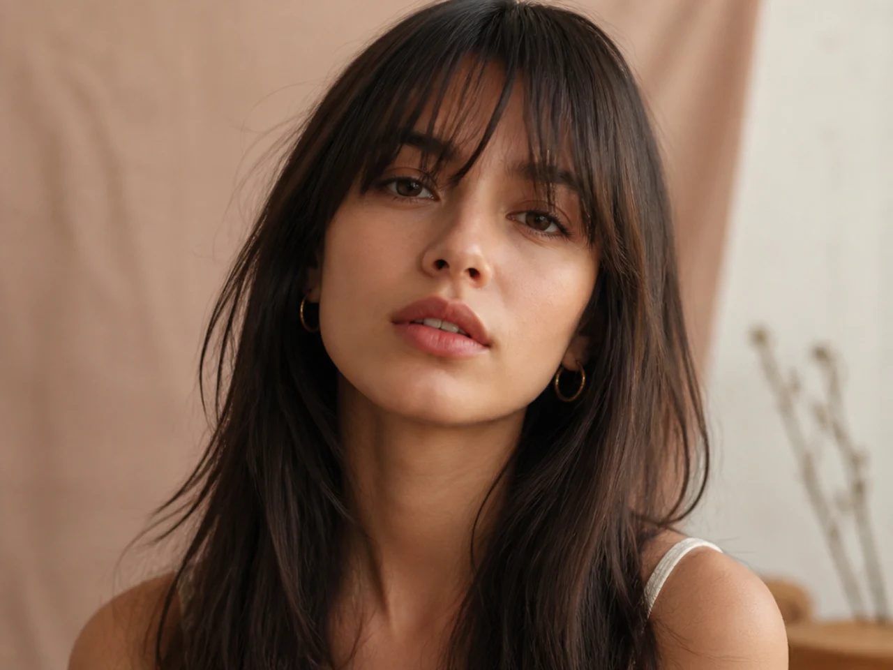A curtain fringe cut unevenly on straight hair