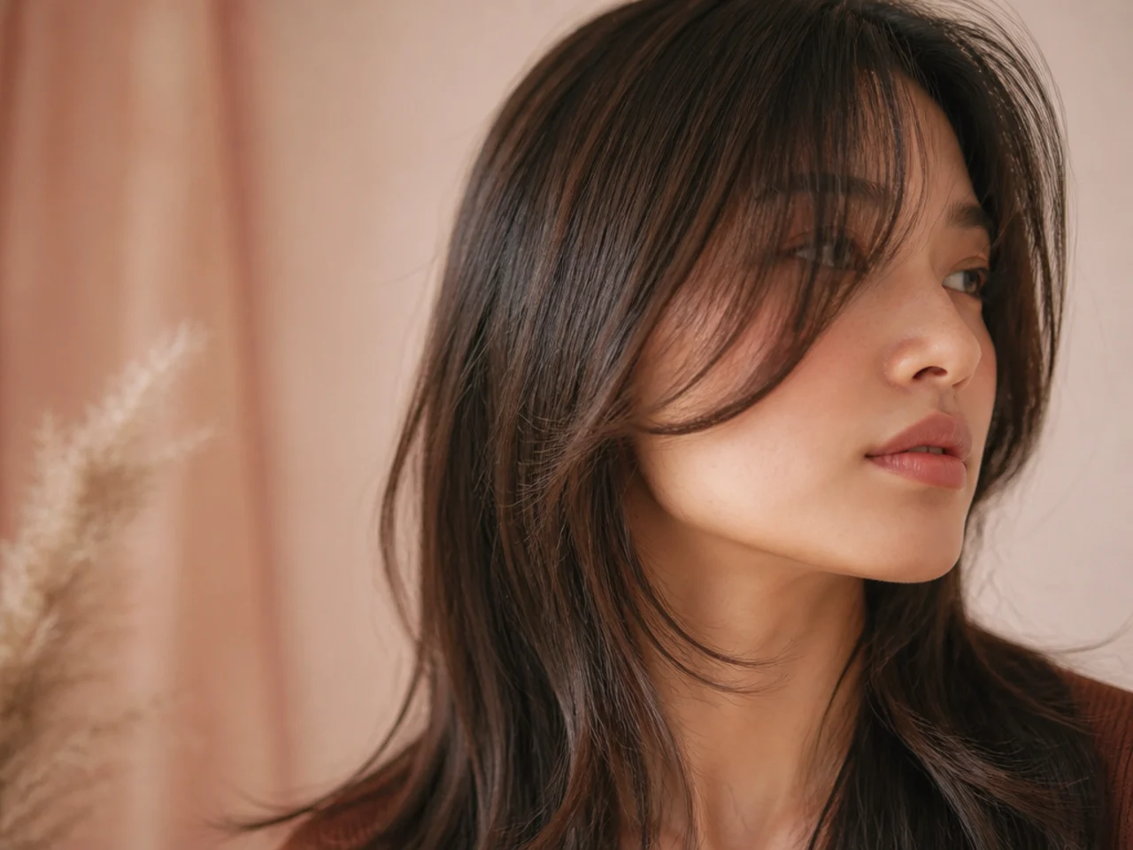 The ends of a fringe curving softly outward at the cheekbone
