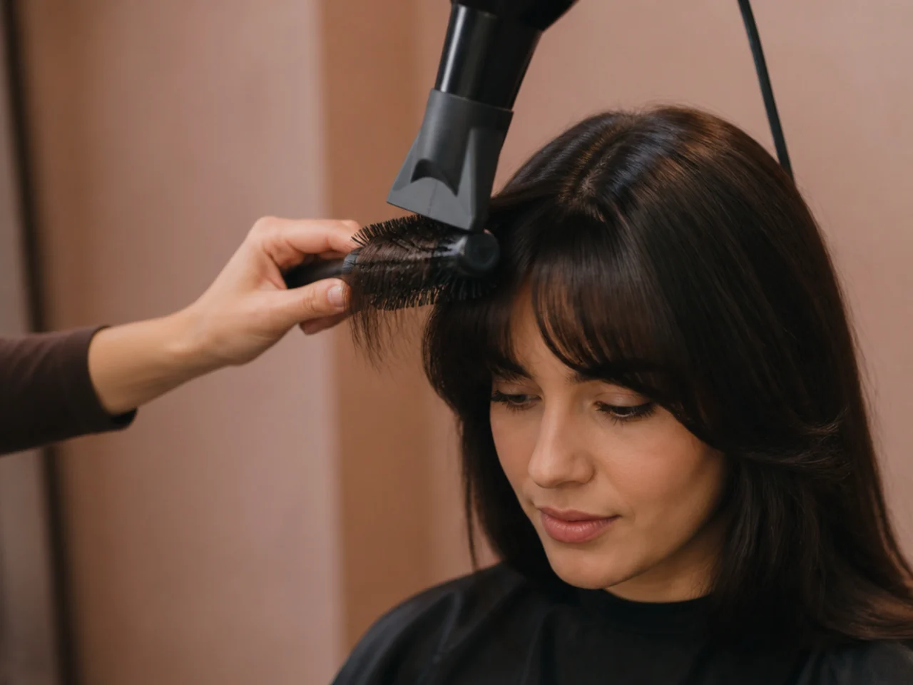 The second half of a fringe being shaped on a round brush to match the first