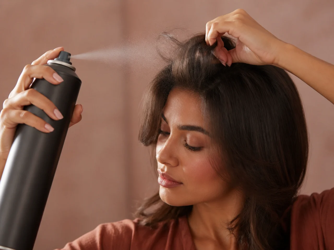 Hairspray being directed upward into the underside of a styled fringe