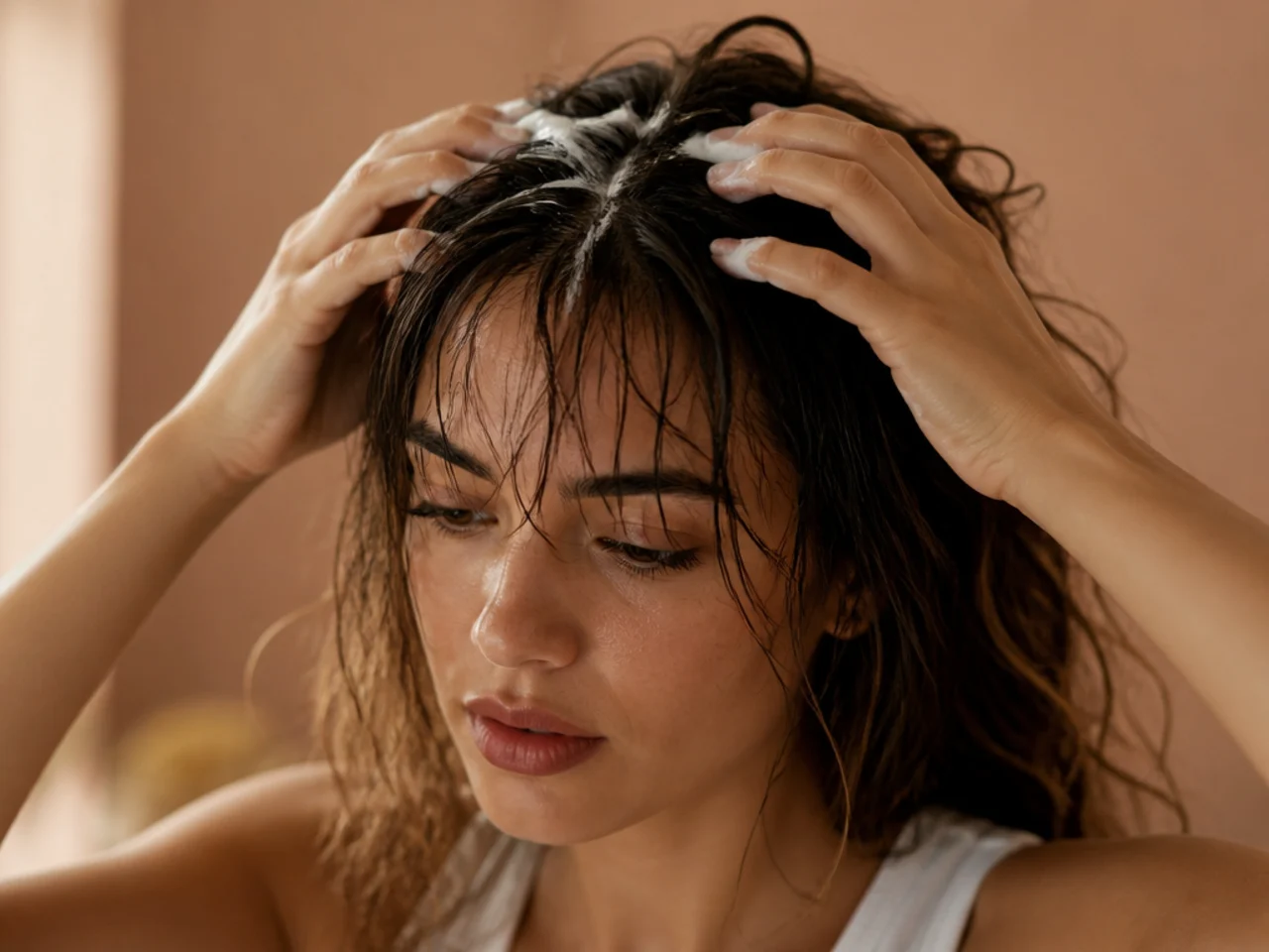 Fingertips working mousse into the roots of a damp fringe