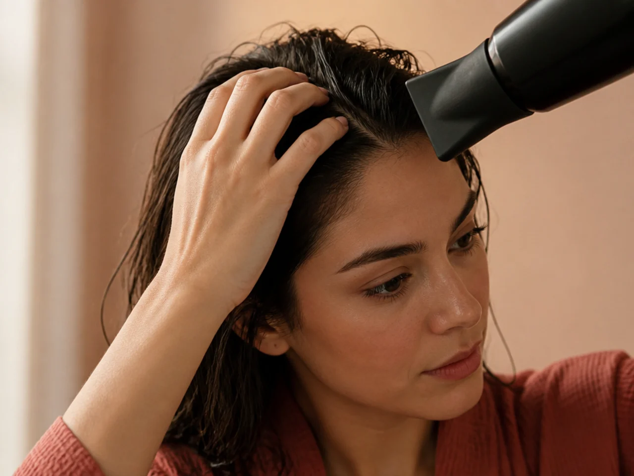 Fingers pushing damp roots back and forth at the front hairline under a dryer