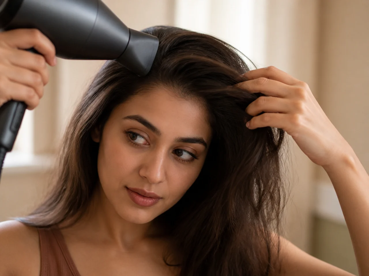 A hairdryer aimed at the front roots while fingers move the section sideways