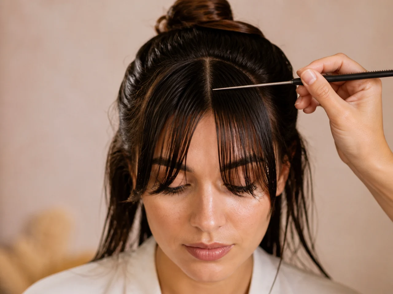 A comb tail dividing a half dried fringe into two even halves
