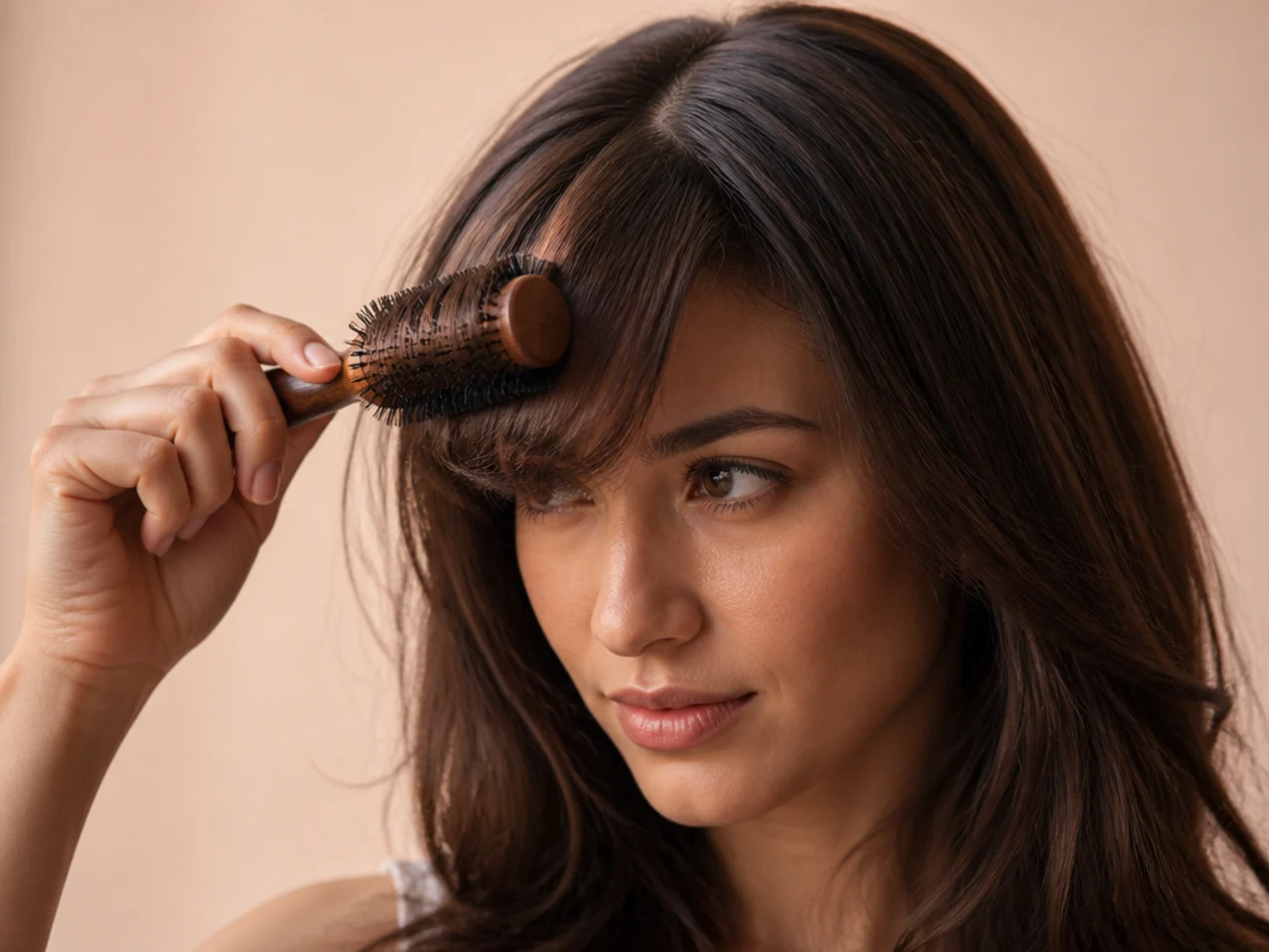 One half of a fringe pulled forward over the forehead on a small round brush