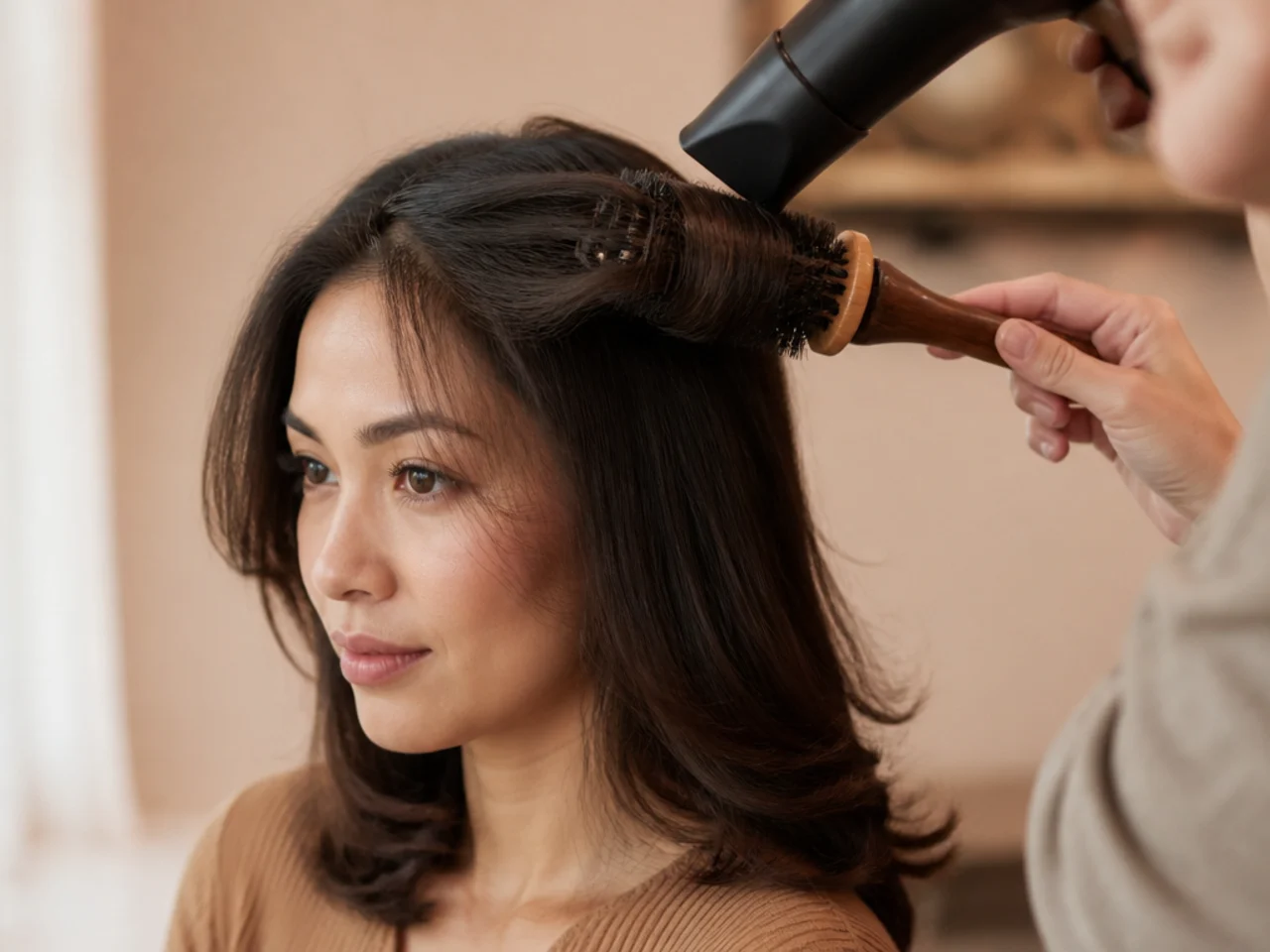 A round brush rotating a fringe section back and away from the face under a dryer