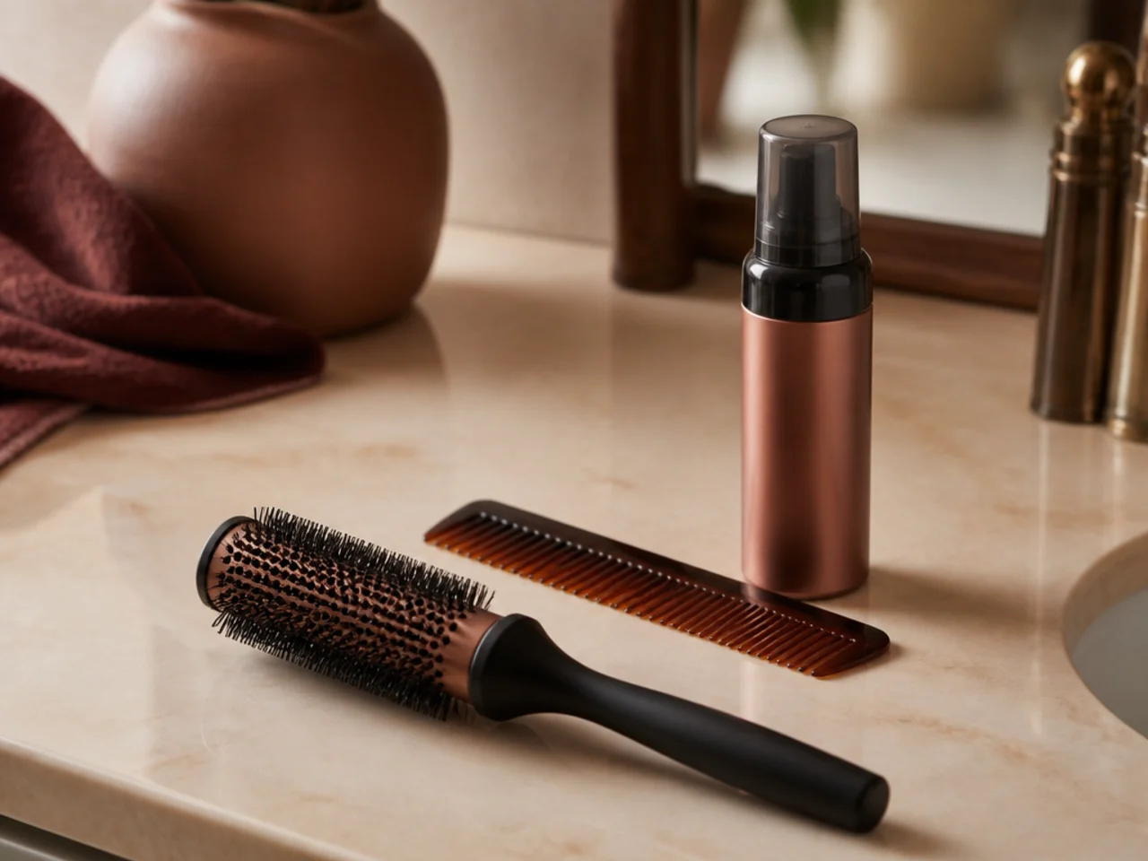 A small round brush, a comb and a bottle of root mousse laid out on a bathroom counter