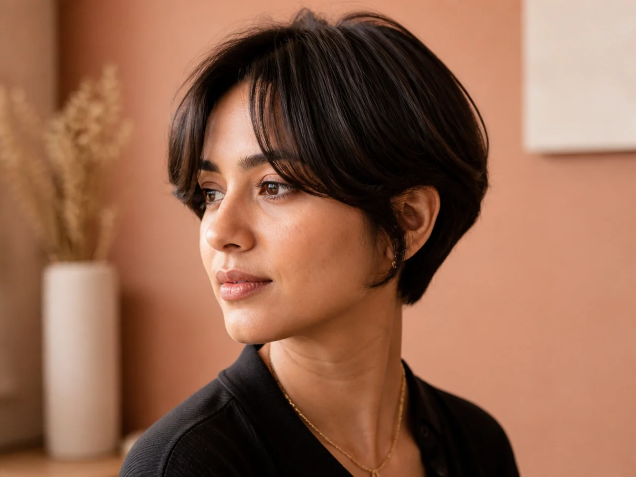 Three quarter view of short hair with a freshly styled curtain fringe