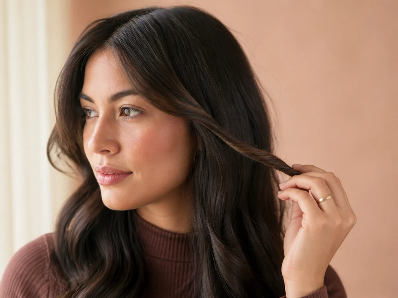 Half of a fringe section twisted once toward the face