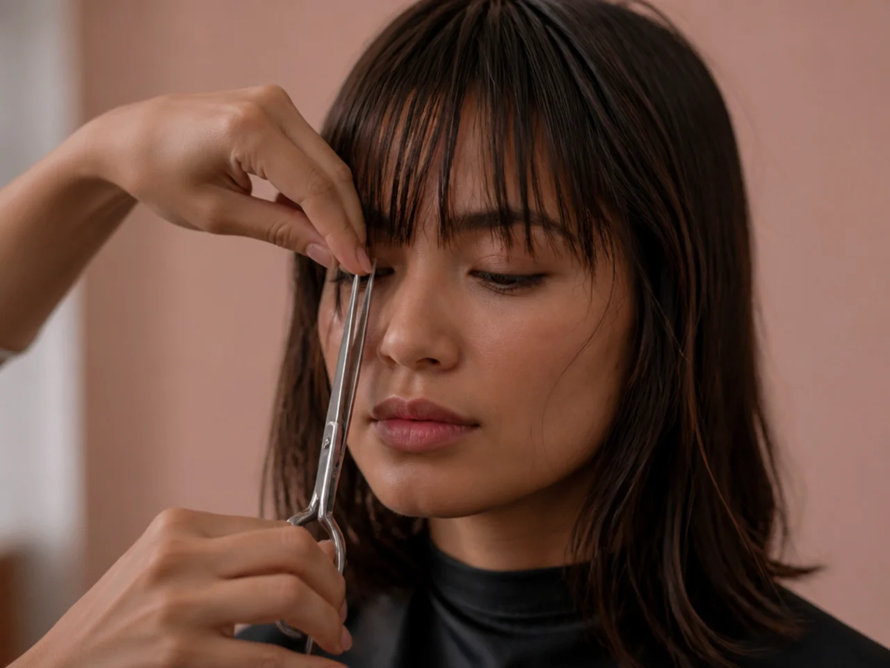 Shears point cutting vertically into fringe ends