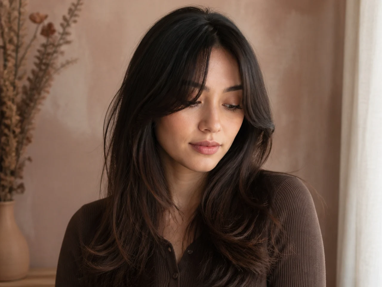 A finished curtain fringe seen with the rest of the hair down