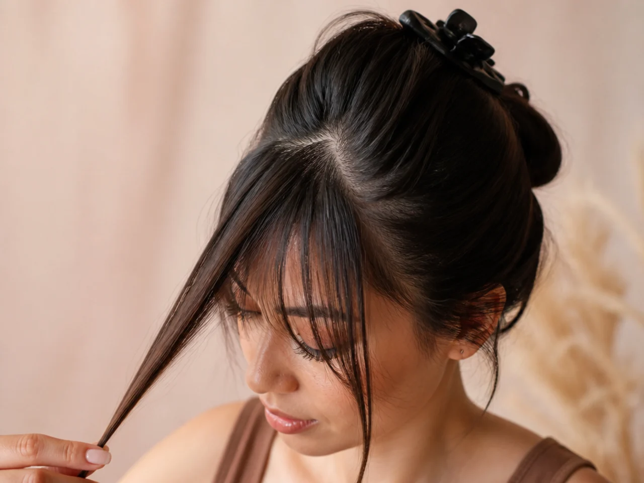 The rest of the hair clipped back away from the fringe section