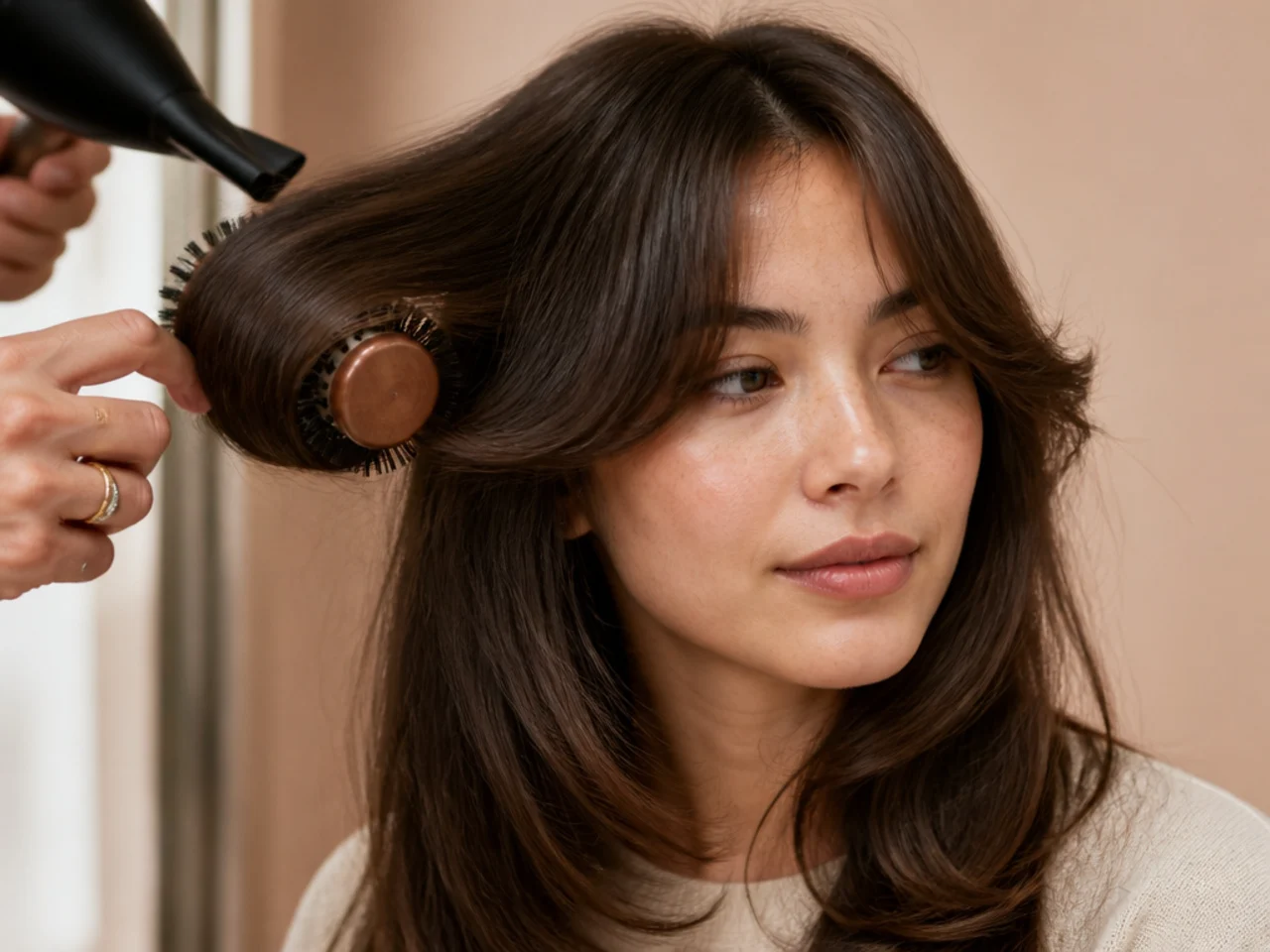 A round brush drying a curtain fringe back from the face