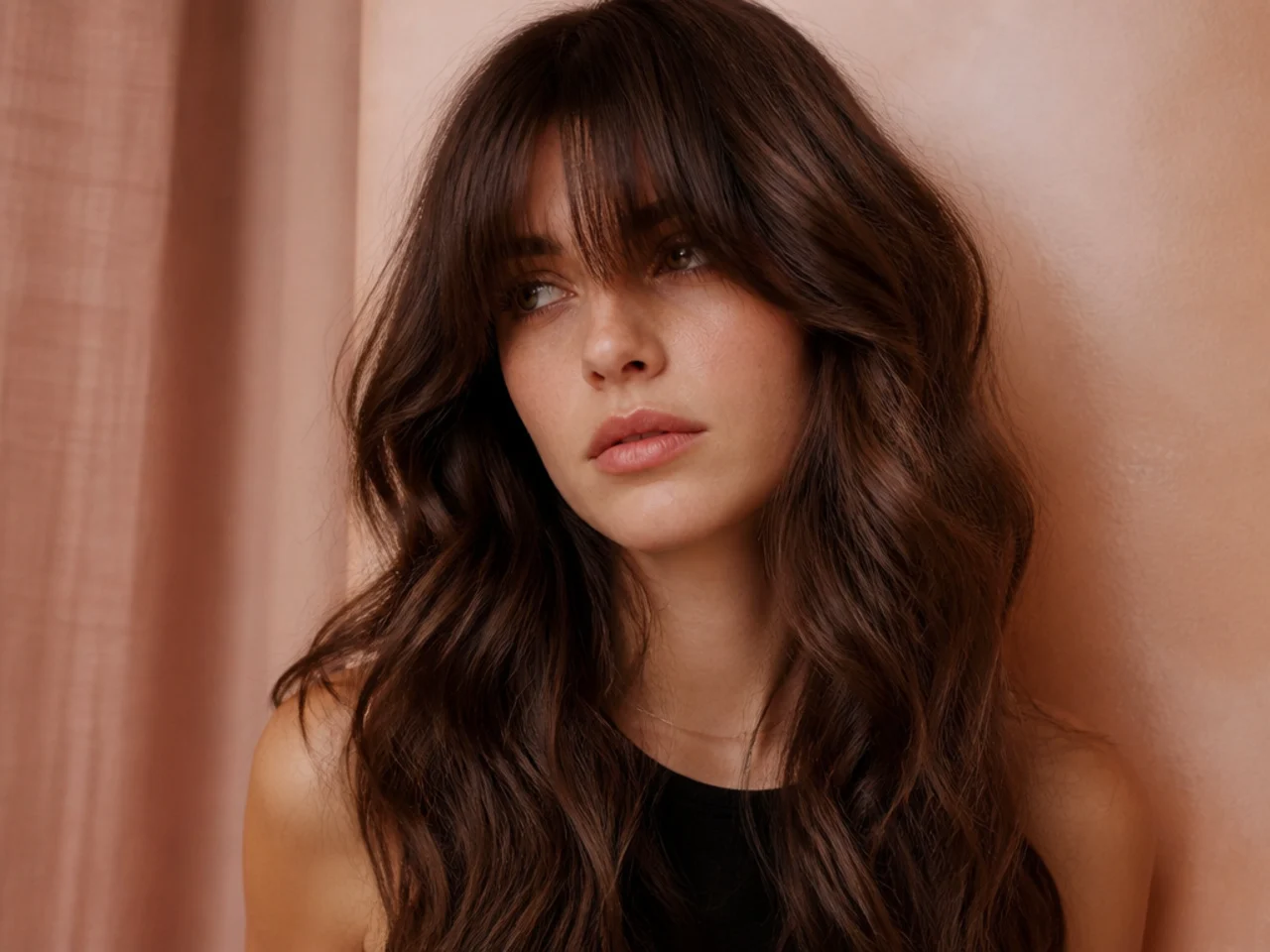 Heavy curtain bangs on thick wavy hair