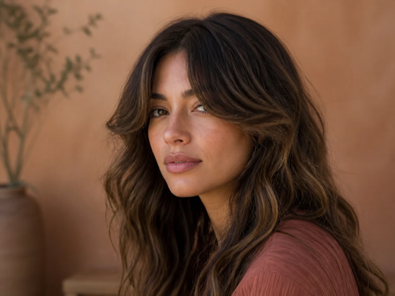 A deep sectioned curtain fringe on wavy hair